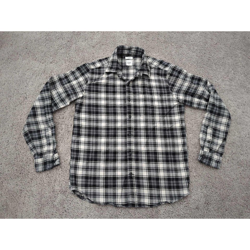 GAP Button Up Shirt Mens‎ Medium Gray Plaid Untucked Long Sleeve Preppy Casual